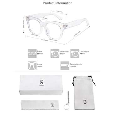 SOJOS Oversized Square Anti Blue Light Blocking Glasses for Women Thick Computer Eyeglasses Double Metal Studs SJ5053 with Crystal Frame/Anti-Blue Light Lens
