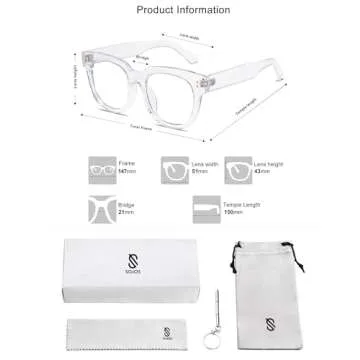 SOJOS Oversized Square Anti Blue Light Blocking Glasses for Women Thick Computer Eyeglasses Double Metal Studs SJ5053 with Crystal Frame/Anti-Blue Light Lens