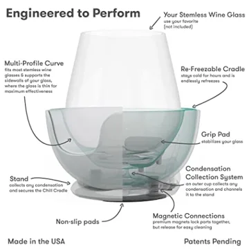 VoChill Stemless Wine Glass Chiller | Keep the Chill In Your Glass | New Wine Accessory | Separable & Refreezable Chill Cradle | Actively Chills Stemless Glassware | Quartz, Pair Stemless