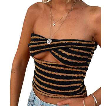 Meladyan Women Twist Front Striped Cutout Knitted Crop Tube Top Bandage Strapless Sleeveless Bandeau Cropped Shirt Black Brown