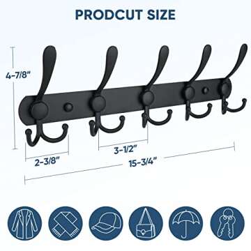 TICONN Wall Mounted Coat Rack, Five Heavy Duty Tri Hooks All Metal Construction for Jacket Coat Hat ...