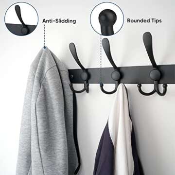 TICONN Wall Mounted Coat Rack, Five Heavy Duty Tri Hooks All Metal Construction for Jacket Coat Hat in Mudroom Entryway (Matte Black, 1-Pack)