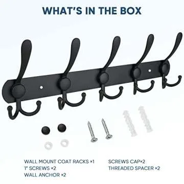 TICONN Wall Mounted Coat Rack, Five Heavy Duty Tri Hooks All Metal Construction for Jacket Coat Hat in Mudroom Entryway (Matte Black, 1-Pack)