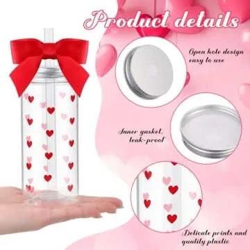 Skylety 12 Pcs 14oz Valentine Plastic Bottle with Straw Lid and Twist Bow Disposable Coquette Bottles Cute Inspired Retro Reusable Bottles for Birthday Party Friend Women Drinkware(Multicolor,Heart)