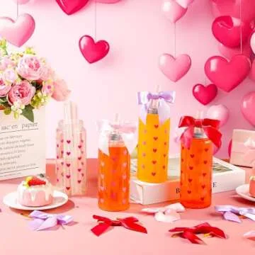 Skylety 12 Pcs 14oz Valentine Plastic Bottle with Straw Lid and Twist Bow Disposable Coquette Bottles Cute Inspired Retro Reusable Bottles for Birthday Party Friend Women Drinkware(Multicolor,Heart)