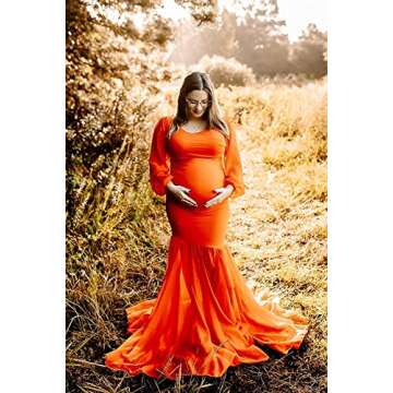 Saslax Long Chiffon Sleeve Tired Mermaid Maternity Dresses for Photoshoot Photography Baby Shower Gown Orange Red 28 Medium