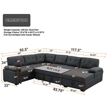 asunflower Modular Sectional Sofa Sleeper, U Shaped Sleeper Sofa with Pull Out Bed, 6 Seater Modern ...