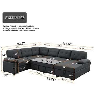 asunflower Modular Sectional Sofa Sleeper, U Shaped Sleeper Sofa with Pull Out Bed, 6 Seater Modern ...