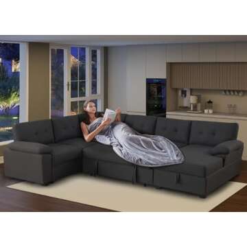 asunflower Modular Sectional Sofa Sleeper, U Shaped Sleeper Sofa with Pull Out Bed, 6 Seater Modern Sectional Couch with Storage, Bed Couch for Living Room,Apartment(Dark Grey)
