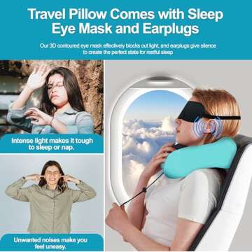 Adjustable Travel Pillow for Neck Support & Comfort, Lightweight Memory Foam Travel Neck Pillow for Sleeping - Washable & Breathable Plane Pillow for Traveling with Eyemask, Earplug & Carry Bag