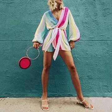 Doad Women V Neck Lantern Sleeve Multicolor Striped Sequin Short Rompers jumpsuits