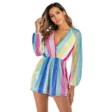 Doad Women V Neck Lantern Sleeve Multicolor Striped Sequin Short Rompers jumpsuits