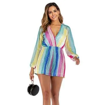 Doad Women V Neck Lantern Sleeve Multicolor Striped Sequin Short Rompers jumpsuits