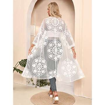 Women's White Lace Kimono Cardigan 3/4 Sleeve Floral Crochet Sheer Beach Cover Ups(One Size)