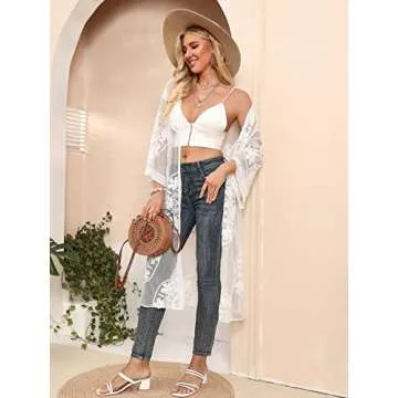 Women's White Lace Kimono Cardigan 3/4 Sleeve Floral Crochet Sheer Beach Cover Ups(One Size)