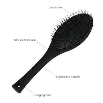 The Hair Shop Black Loop Brush - Salon Professional Grade with Matted Black and Ergonomic Design - Safe Detangler Tool for 100% Remy Human and Synthetic Hair Extensions and Wigs