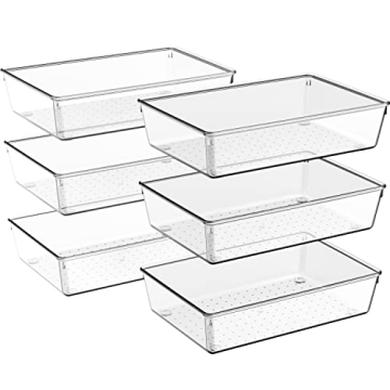 Criusia Drawer Organizer, 6 Pack Clear Plastic Drawer Organizer Bins, Versatile Organization and Sto...