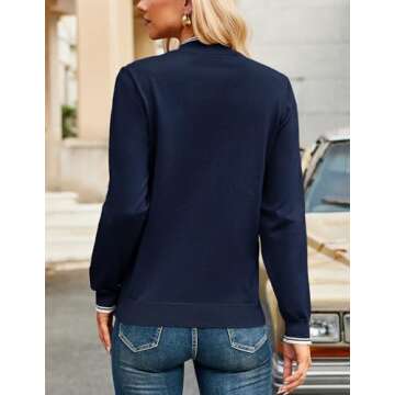 2024 Women's Half Zip Pullover Sweaters V Neck Collared Long Sleeve Knit Fall Tops Dressy Casual(L,Navy Blue)