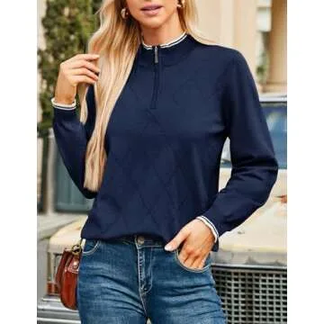 2024 Women's Half Zip Pullover Sweaters V Neck Collared Long Sleeve Knit Fall Tops Dressy Casual(L,Navy Blue)
