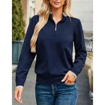 2024 Women's Half Zip Pullover Sweaters V Neck Collared Long Sleeve Knit Fall Tops Dressy Casual(L,Navy Blue)