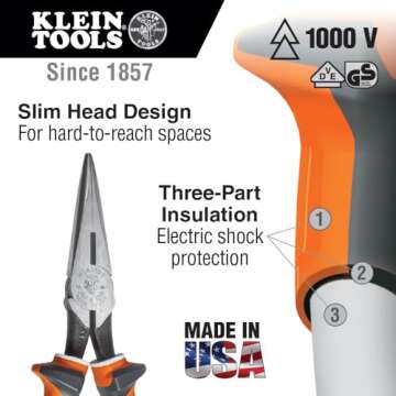 Klein Tools 2038EINS Long Nose Side Cutter Insulated Pliers with Slim Induction Hardened Cutting Kni...