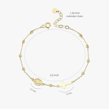 MIONZA Gold Plated Rosary Cross Bracelet for Women, Teen Girls | 14k Gold Adjustable Cross Bracelet | Gold Chain Bracelet Religious Charm | Christian Baptism Gift | Solid Gold and Gold Plated Options,