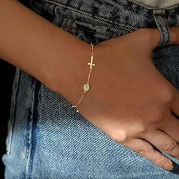 MIONZA Gold Plated Rosary Cross Bracelet for Women, Teen Girls | 14k Gold Adjustable Cross Bracelet | Gold Chain Bracelet Religious Charm | Christian Baptism Gift | Solid Gold and Gold Plated Options,