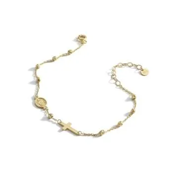 MIONZA Gold Plated Rosary Cross Bracelet for Women, Teen Girls | 14k Gold Adjustable Cross Bracelet | Gold Chain Bracelet Religious Charm | Christian Baptism Gift | Solid Gold and Gold Plated Options,