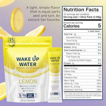 Wake Up Water - Energy + Hydration Sugar Free 15 Packet, Lemon Flavor - Energy Drink Powder, Electro...