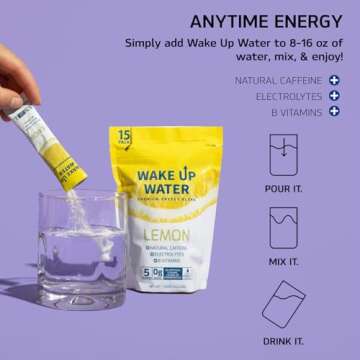 Wake Up Water - Energy + Hydration Sugar Free 15 Packet, Lemon Flavor - Energy Drink Powder, Electrolytes Powder Drink, Natural Caffeine Mix Packet, B Vitamins, 5 Calories, Gluten Free - .10 oz (2.9g)