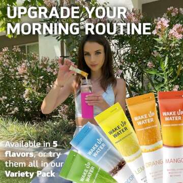 Wake Up Water - Energy + Hydration Sugar Free 15 Packet, Lemon Flavor - Energy Drink Powder, Electrolytes Powder Drink, Natural Caffeine Mix Packet, B Vitamins, 5 Calories, Gluten Free - .10 oz (2.9g)