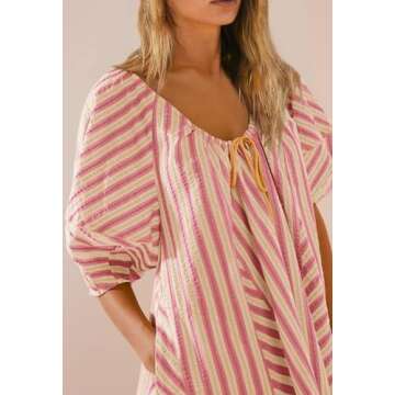 SENSERISE Womens Striped Romper Puff Sleeve Mini Shorts Romper Dress Beach Vacation Outfits with Poc...