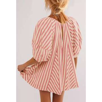 SENSERISE Womens Striped Romper Puff Sleeve Mini Shorts Romper Dress Beach Vacation Outfits with Pockets(Pink,M)