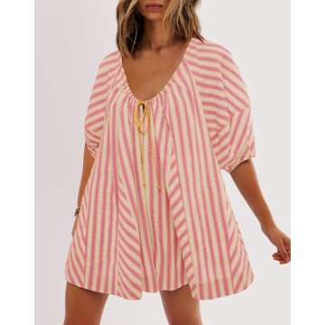 SENSERISE Womens Striped Romper Puff Sleeve Mini Shorts Romper Dress Beach Vacation Outfits with Pockets(Pink,M)