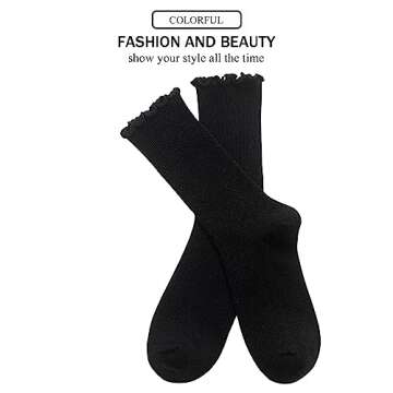 DOOVID Womens Socks Cute Ruffle Socks Cotton Turn-Cuff Frilly Crew Socks Slouch Casual Socks for Women 1 Pair Black