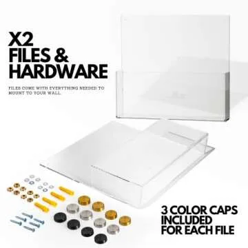 Merely Home Premium Clear Acrylic Wall File Organizer 2-Pack | Mail Holder Wall Mount | Office Document Sorter with 3 Screw Cap Colors
