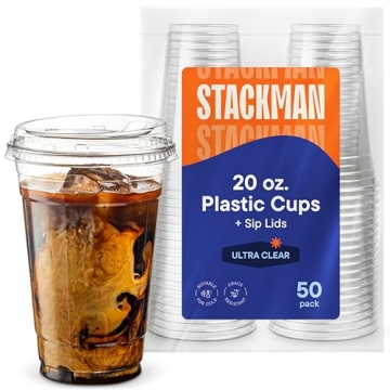 Durable 20 oz Clear Plastic Cups with Strawless Sip-Lids – 50 Count