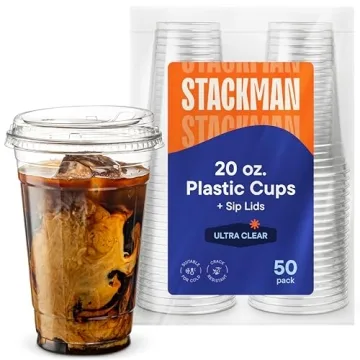 Durable 20 oz Clear Plastic Cups with Strawless Sip-Lids – 50 Count