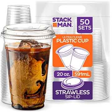20 oz Clear Plastic Cups with Strawless Lids – 50 Sets