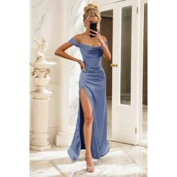 Eightale Women's Prom Dresses Off Shoulder Long Bodycon Bridesmaid Dress Corset Cowl Neck Satin Formal Gowns Side Slit Mermaid Hunter Green US14