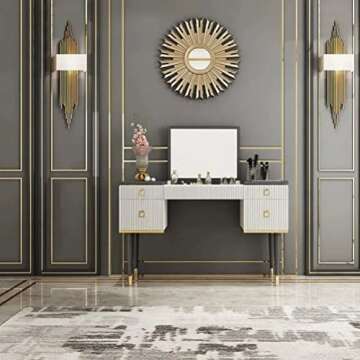 Elegant Homary White Grey Makeup Vanity Desk with Storage