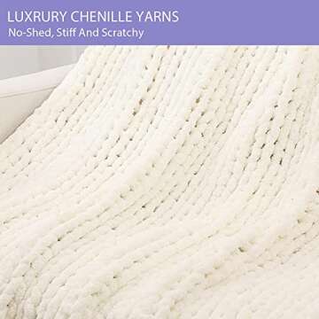 Bigacogo Chunky Knit Throw Blanket for Couch, 40x80 inches, 100% Hand Knitted with Thick Jumbo Chenille Yarn, Cozy Soft Large Rope Knot Cable Crochet Blankets for Sofa Bed Living Room, Ivory