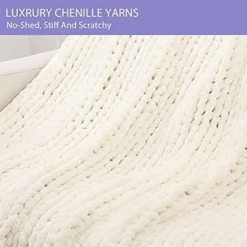 Bigacogo Chunky Knit Throw Blanket for Couch, 40x80 inches, 100% Hand Knitted with Thick Jumbo Chenille Yarn, Cozy Soft Large Rope Knot Cable Crochet Blankets for Sofa Bed Living Room, Ivory