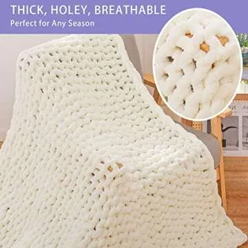 Bigacogo Chunky Knit Throw Blanket for Couch, 40x80 inches, 100% Hand Knitted with Thick Jumbo Chenille Yarn, Cozy Soft Large Rope Knot Cable Crochet Blankets for Sofa Bed Living Room, Ivory