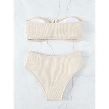 WDIRARA Women's 2 Piece Bikini Set Rib Knit Strapless Knot Front High Waist Swimsuit Set Apricot M