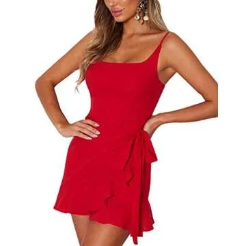 AIMCOO Women's Casual Ruffle Hem Solid Wrap Dress Spaghetti Strap Front Tie Knot Short Dresses Red