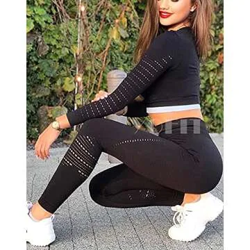 YOFIT Women's Workout Outfit 2 Pieces Seamless Yoga Leggings with Athletic Long Sleeve Cut Out Shirt Gym Clothes Set