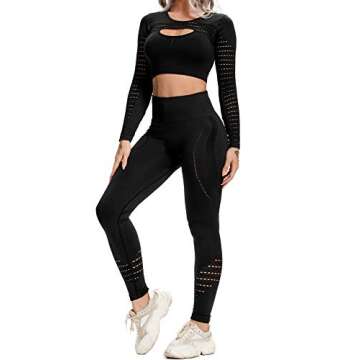 YOFIT Women's Workout Outfit 2 Pieces Seamless Yoga Leggings with Athletic Long Sleeve Cut Out Shirt Gym Clothes Set