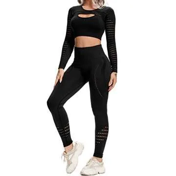 YOFIT Women's Workout Outfit 2 Pieces Seamless Yoga Leggings with Athletic Long Sleeve Cut Out Shirt Gym Clothes Set