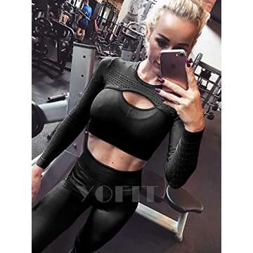 YOFIT Women's Workout Outfit 2 Pieces Seamless Yoga Leggings with Athletic Long Sleeve Cut Out Shirt Gym Clothes Set